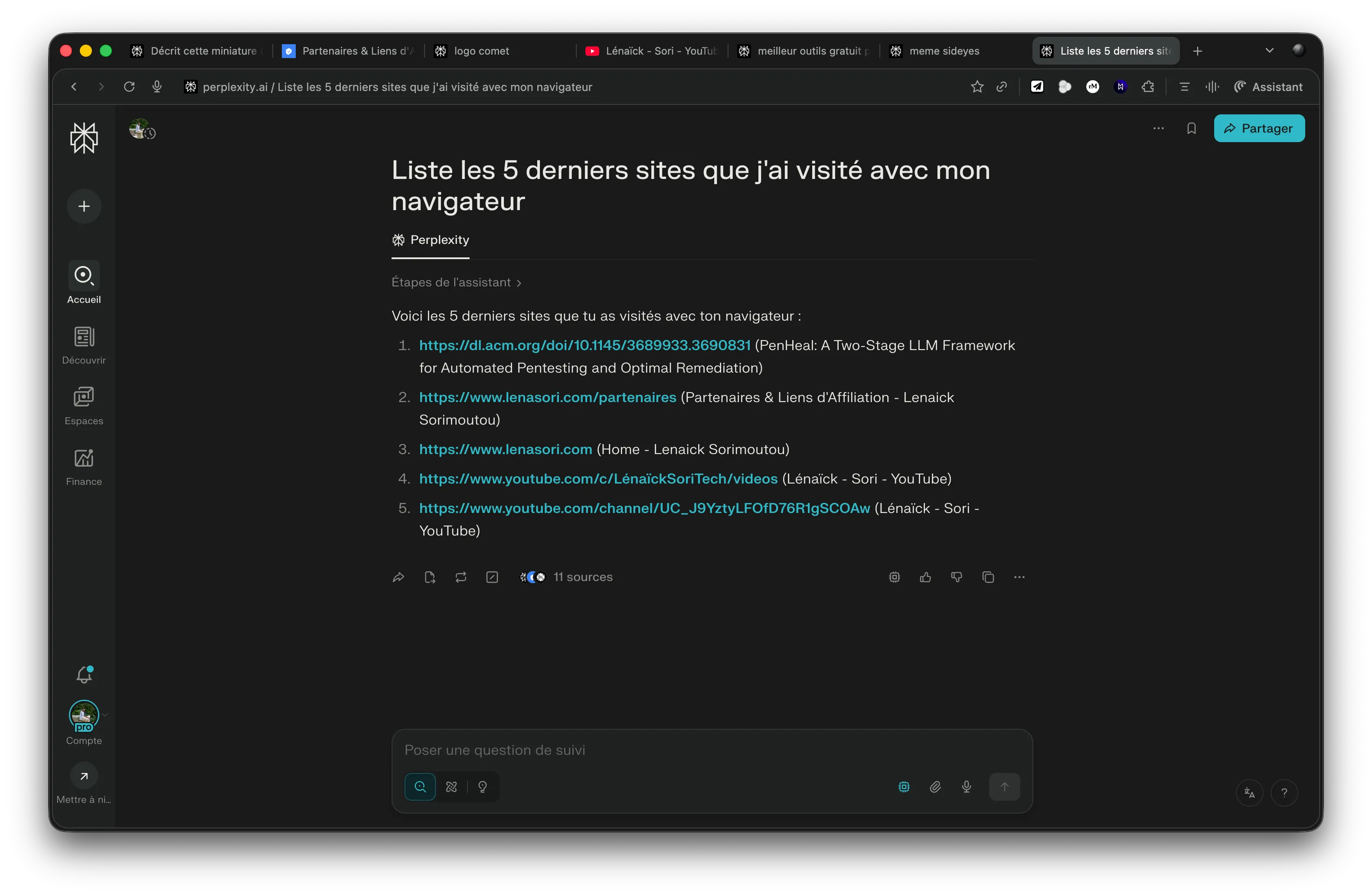 Capture d'écran Comet - Exemple d'accès à l'historique de navigation par l'IA