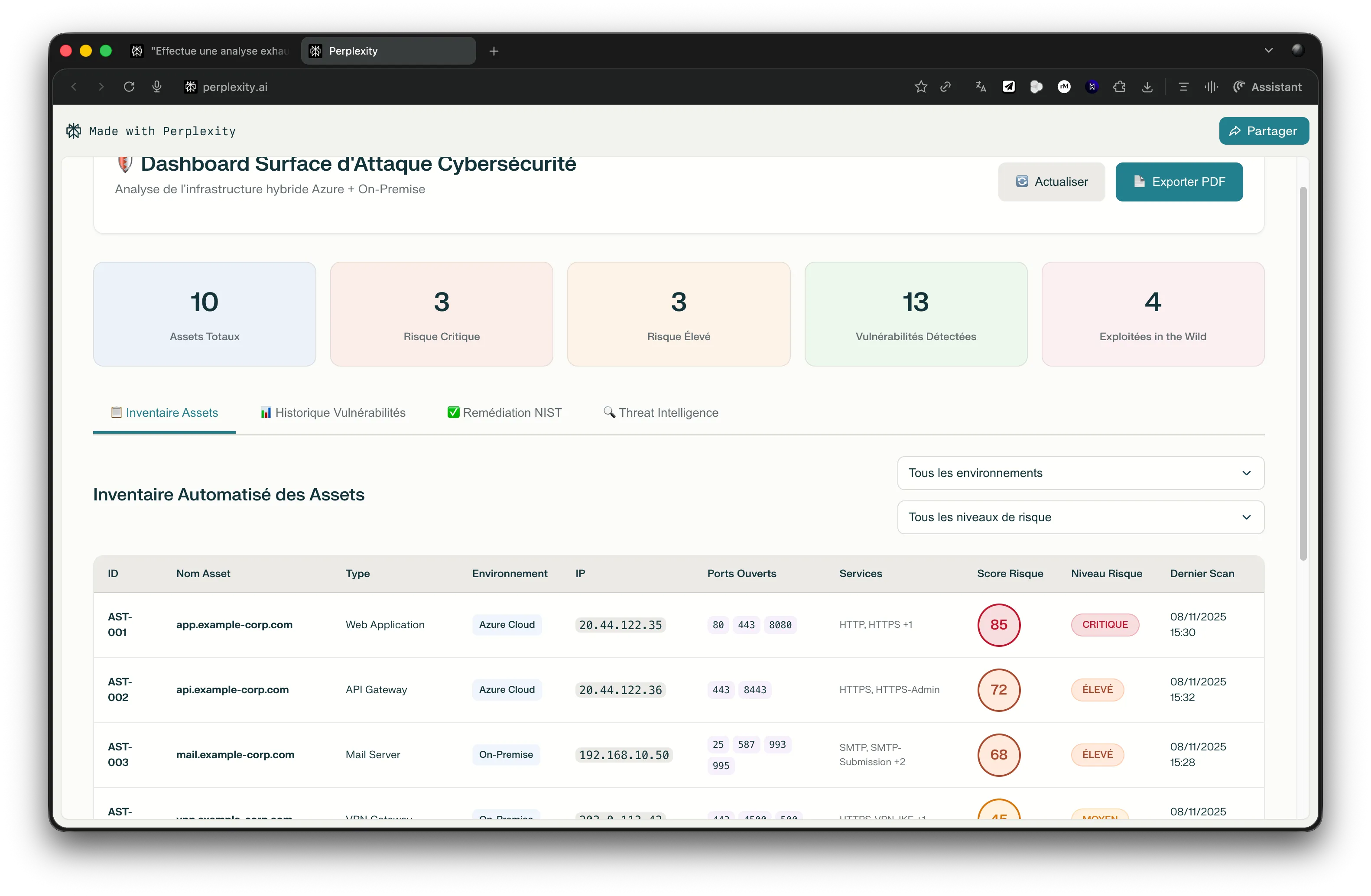 Capture d'écran Comet - Dashboard créé par Perplexity