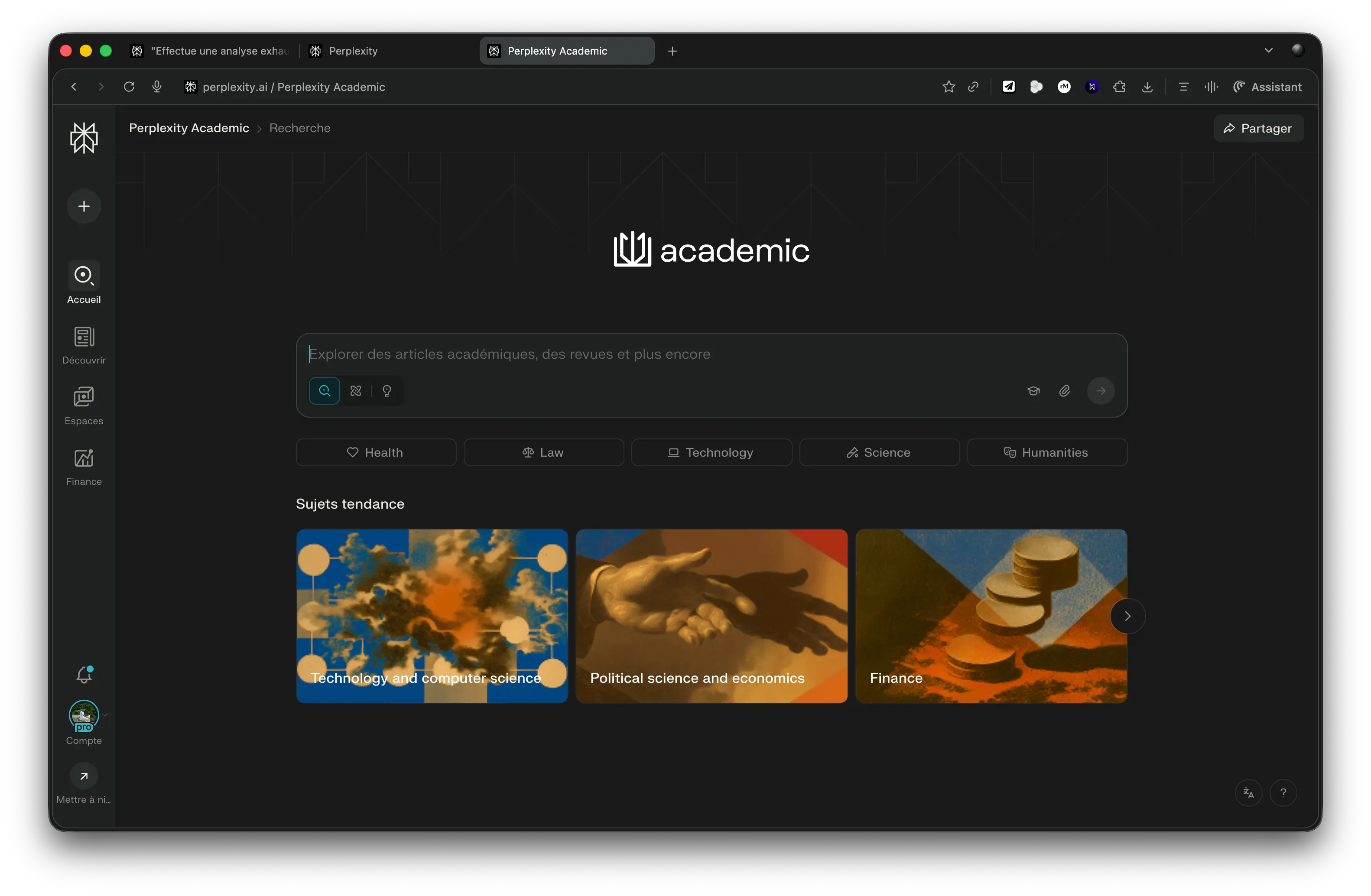 Capture d'écran Comet - Mode Académique