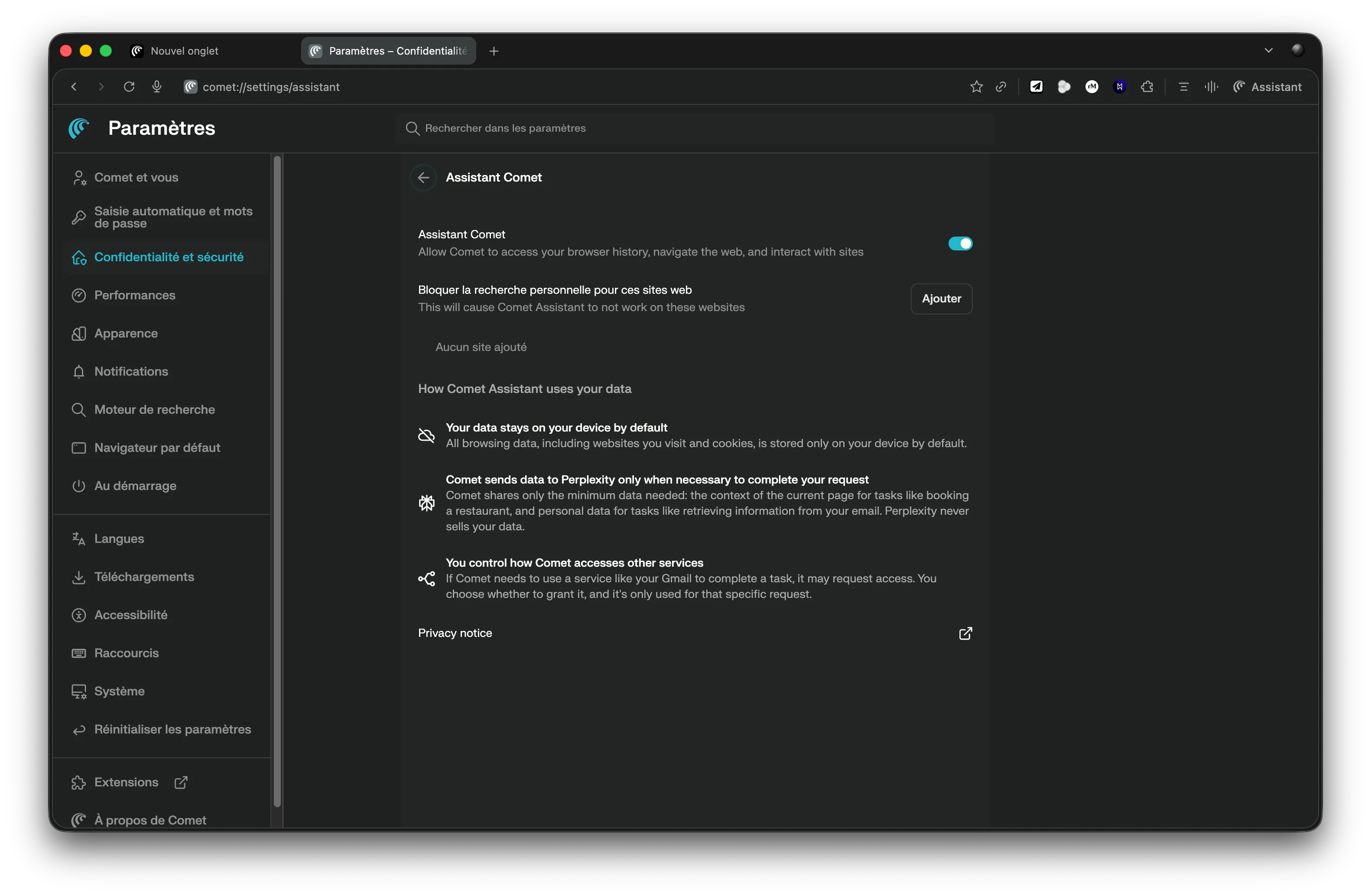 Capture d'écran Comet - Réglages de confidentialité et Privacy Snapshot