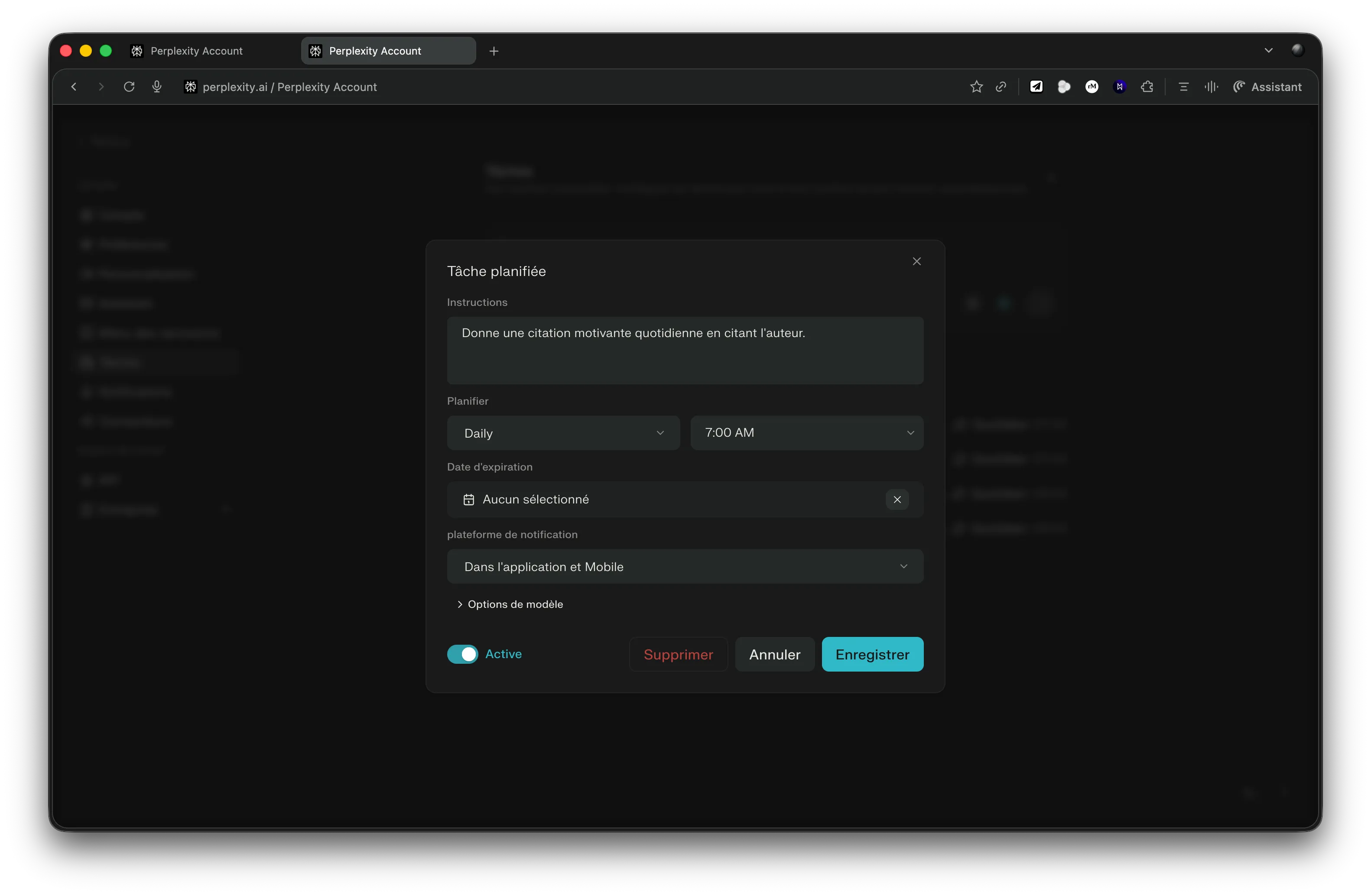 Capture d'écran Comet - Paramètres des tâches automatisées et connecteurs