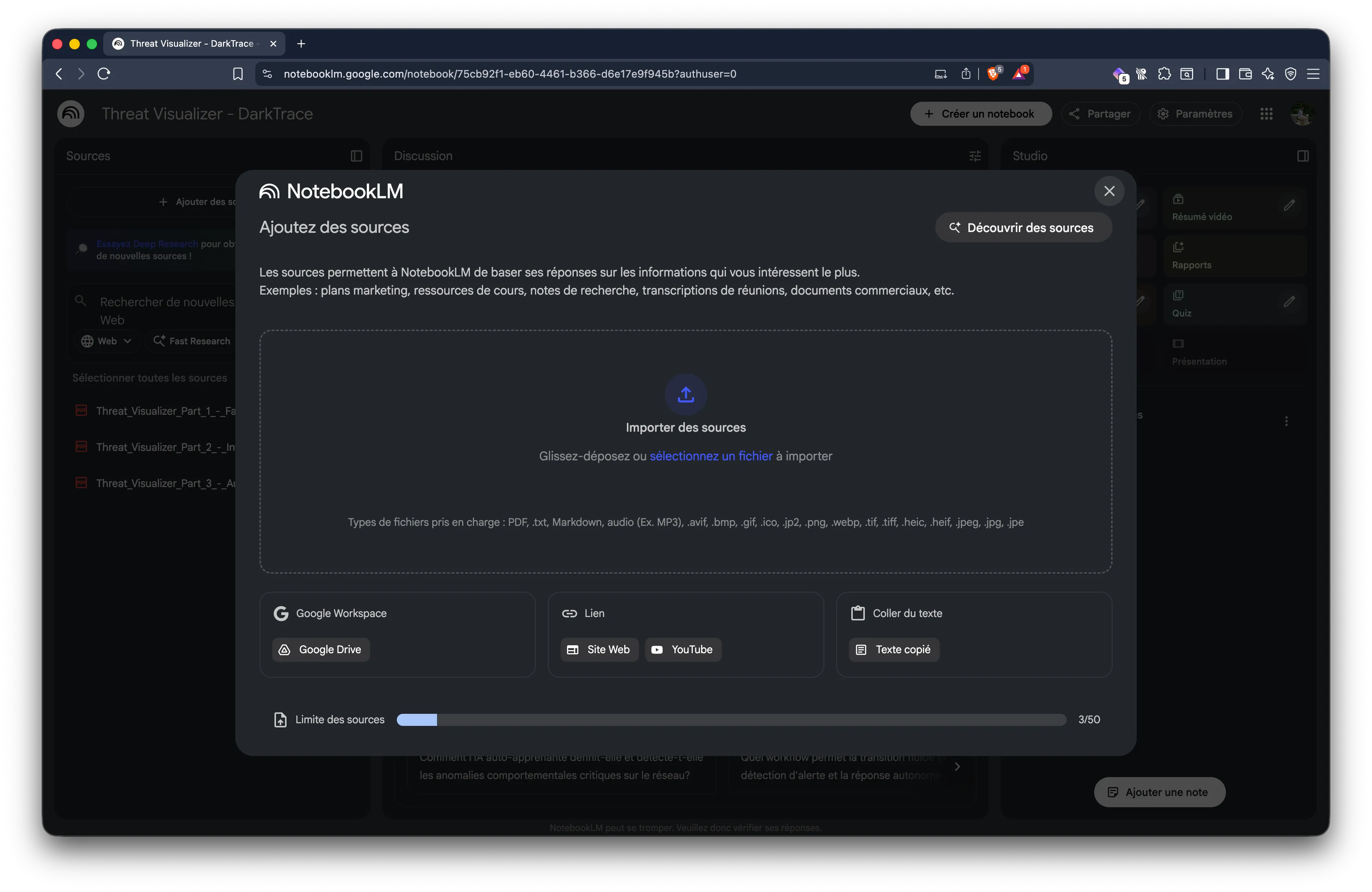 Screenshot de l'interface d'importation de cours dans NotebookLM
