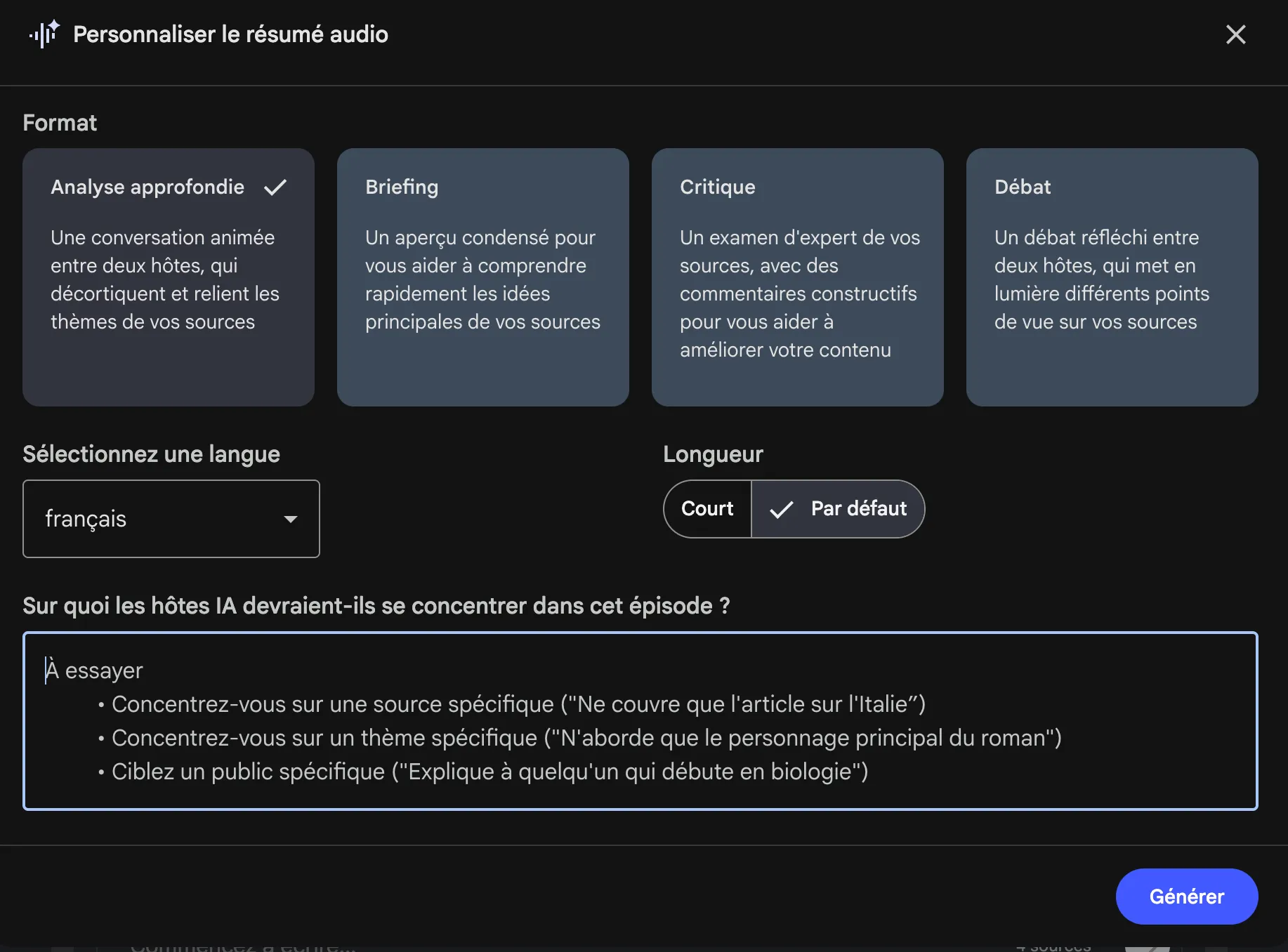 Screenshot des options de personnalisation des résumés audio dans NotebookLM