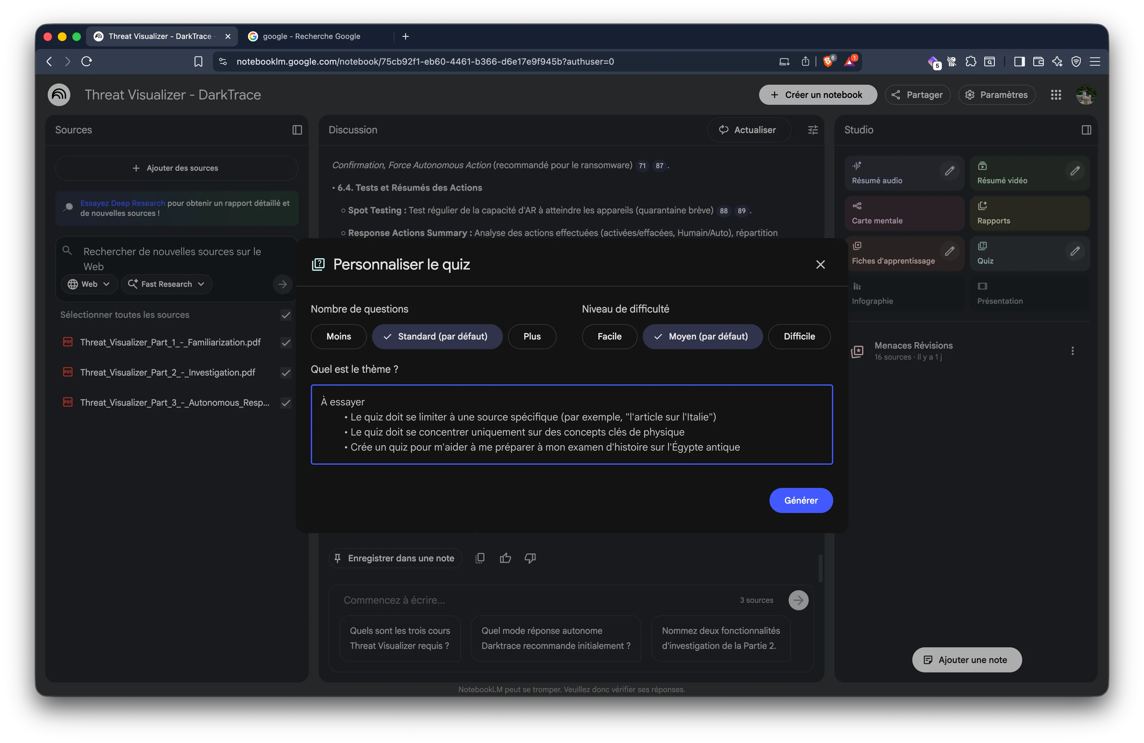 Screenshot de l'interface de personnalisation de quiz dans NotebookLM