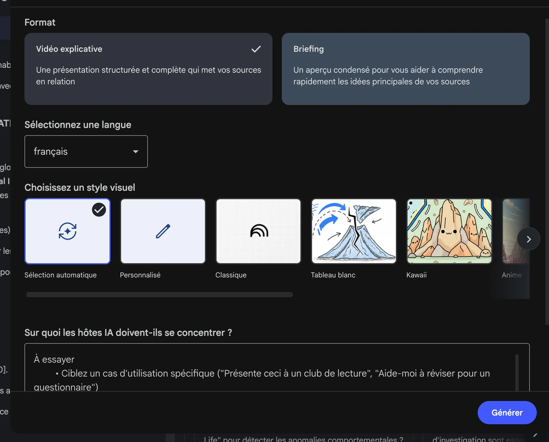 Screenshot des paramètres de personnalisation pour la génération de vidéo dans NotebookLM
