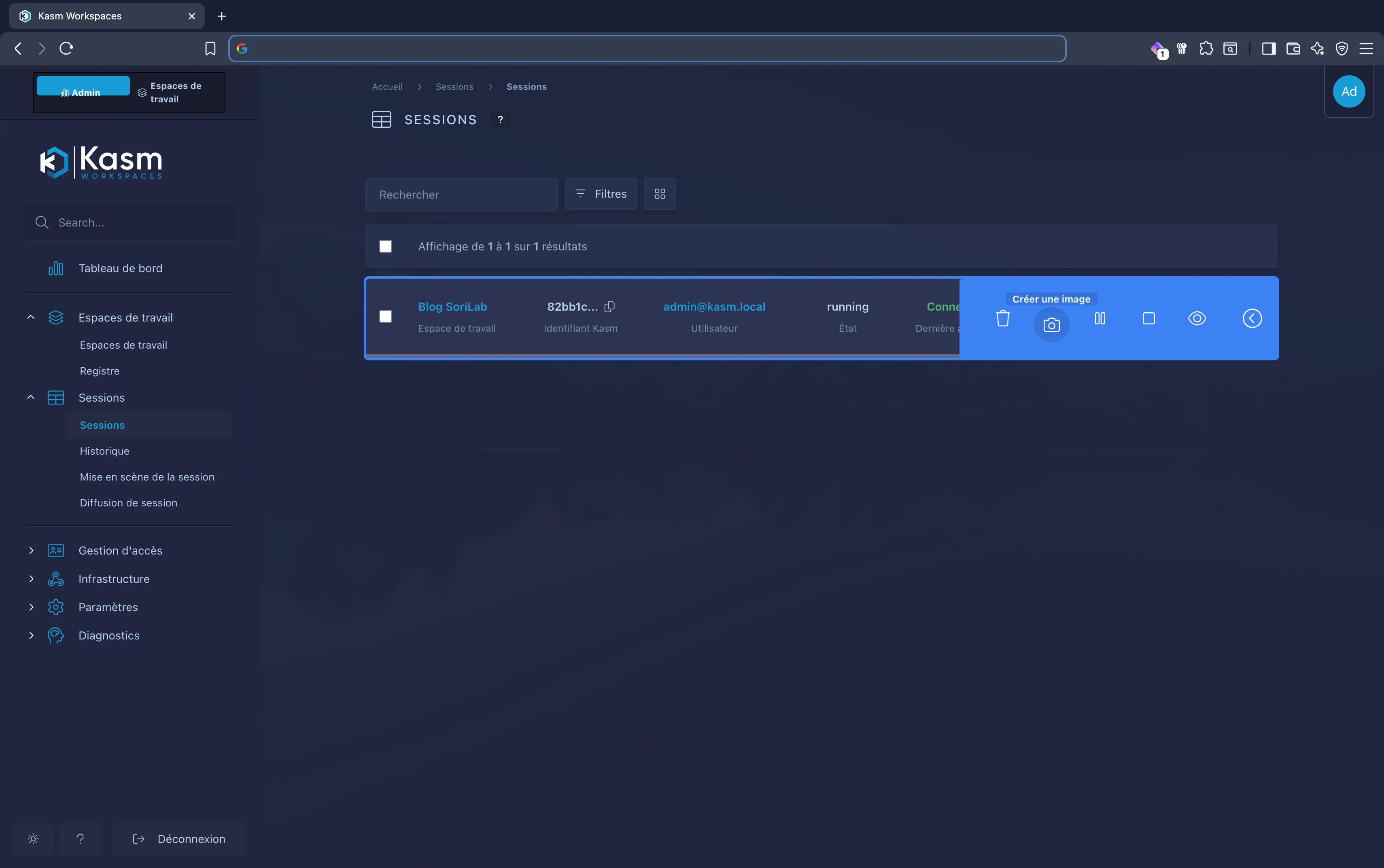 Liste des sessions avec les actions possibles