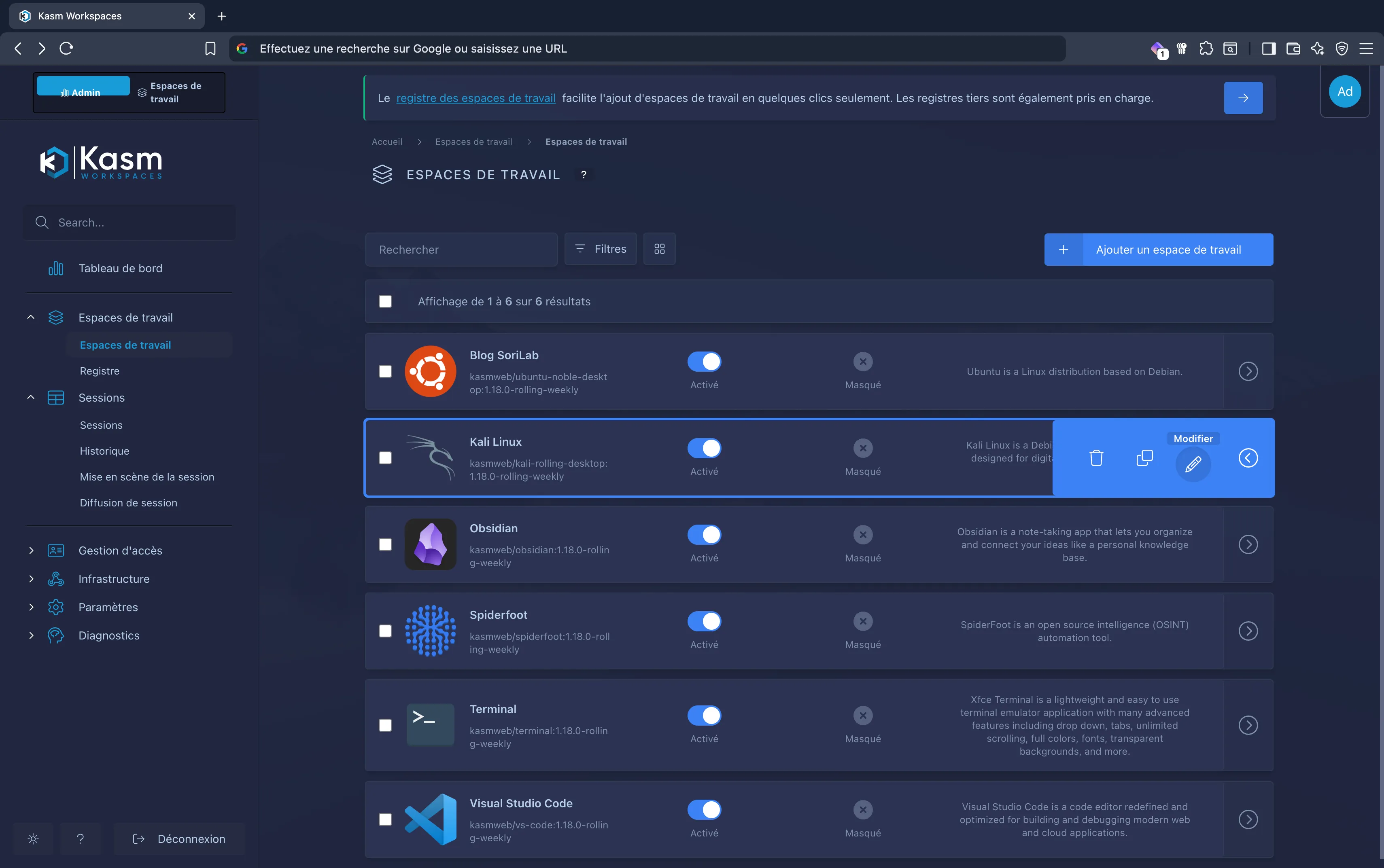 Page d'administration des workspaces