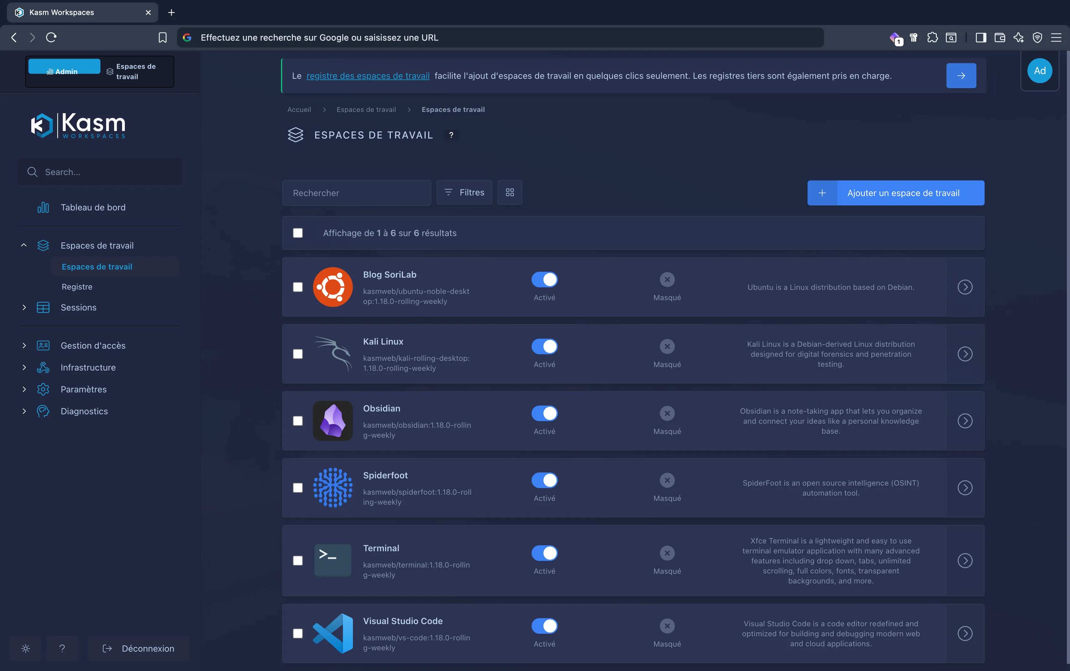 Workspace avec une seule application