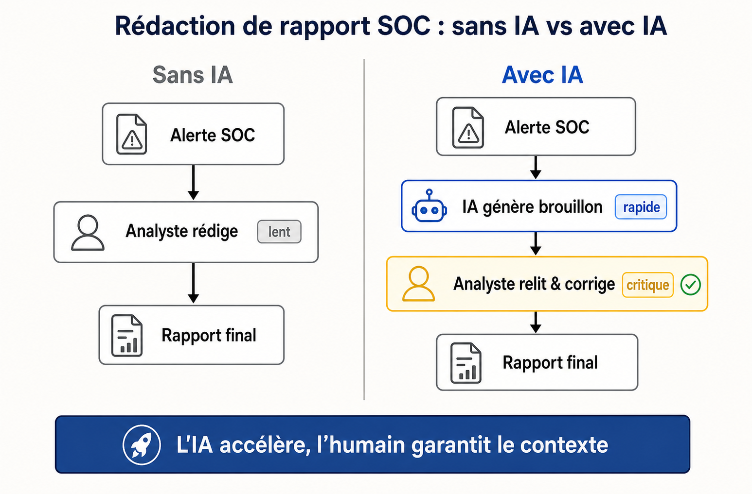 Comparaison côte à côte du flux de rédaction SOC sans IA et avec IA, l'étape de relecture humaine étant mise en avant