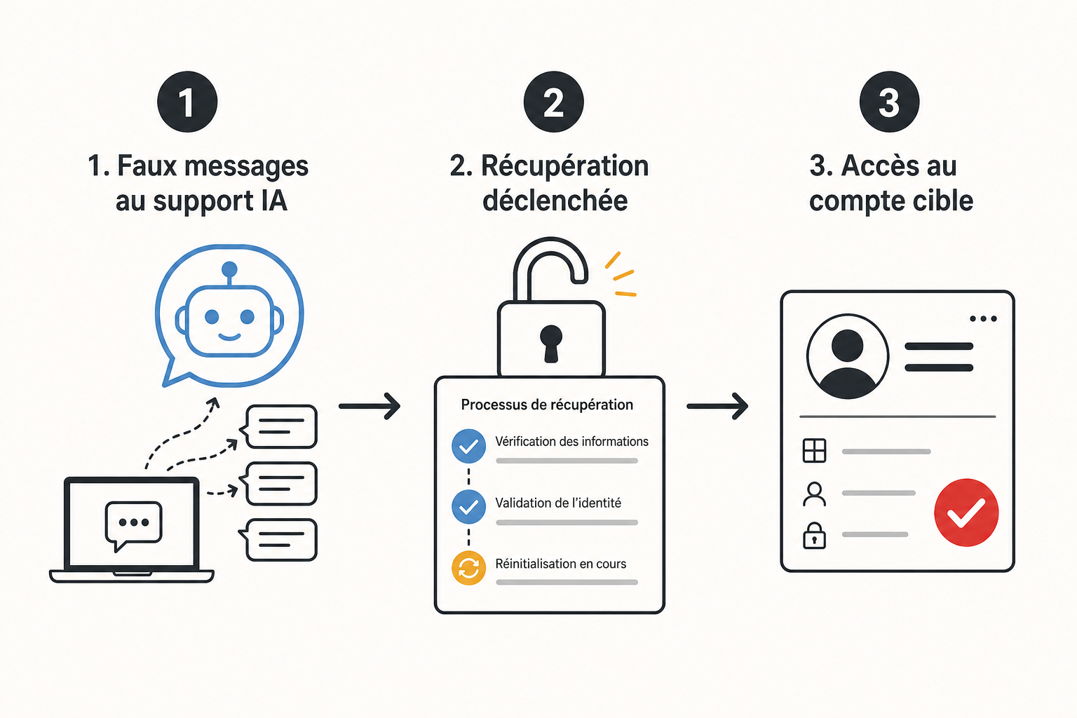 Schéma montrant comment un bot de support IA peut être détourné pour voler des comptes Instagram